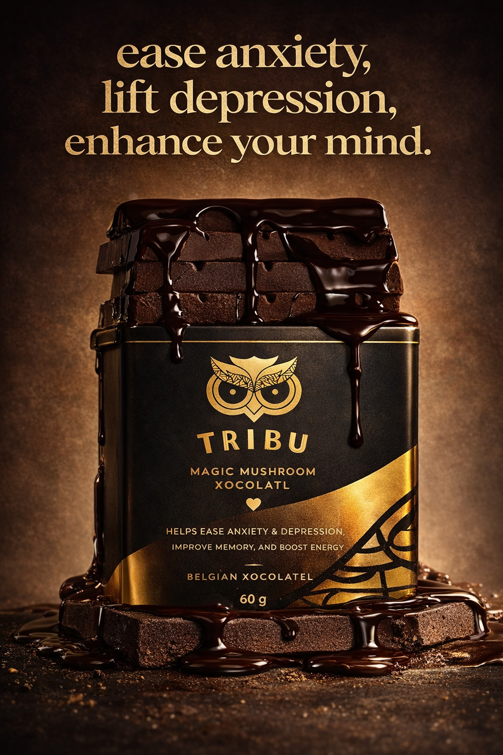 TRIBU Night Mushrooms Chocolate bar – Mushroom Blend with Reishi, L-Theanine, Magnesium & Lion’s Mane | Relaxation & Evening Ritual | Premium Dark Chocolate