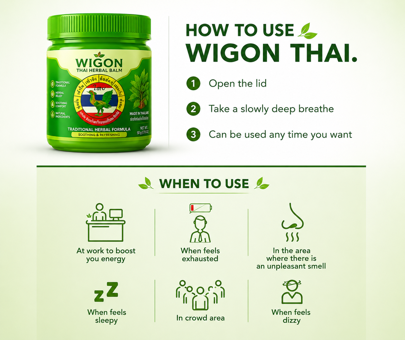 WIGON Thai Herbal Cotton Inhaler – Natural Aromatherapy Nasal Inhaler for Refreshing Energy, Focus & Daily Wellness – Traditional Herbal Formula – Green