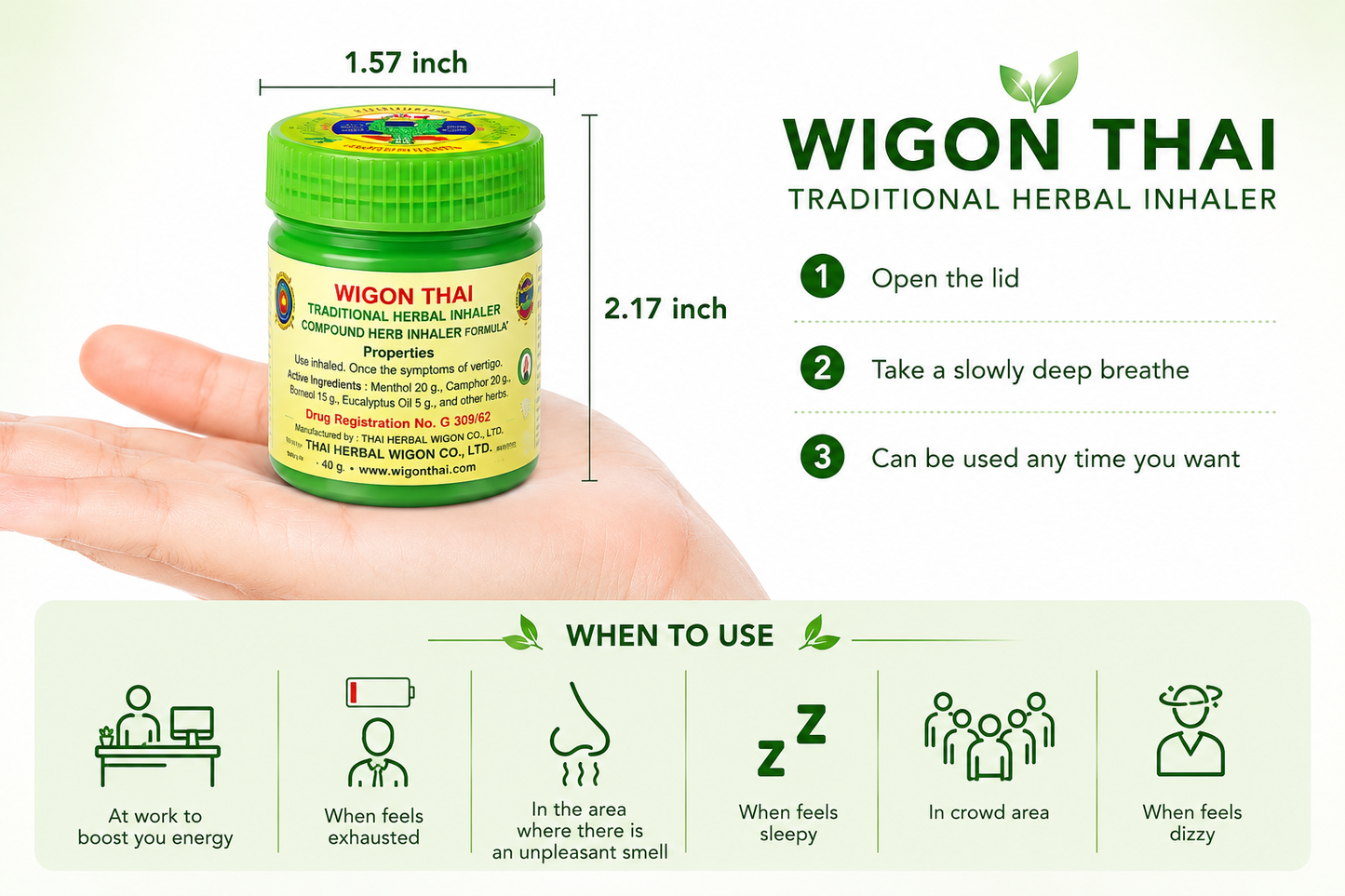 WIGON Thai Herbal Cotton Inhaler – Natural Aromatherapy Nasal Inhaler for Refreshing Energy, Focus & Daily Wellness – Traditional Herbal Formula – Green