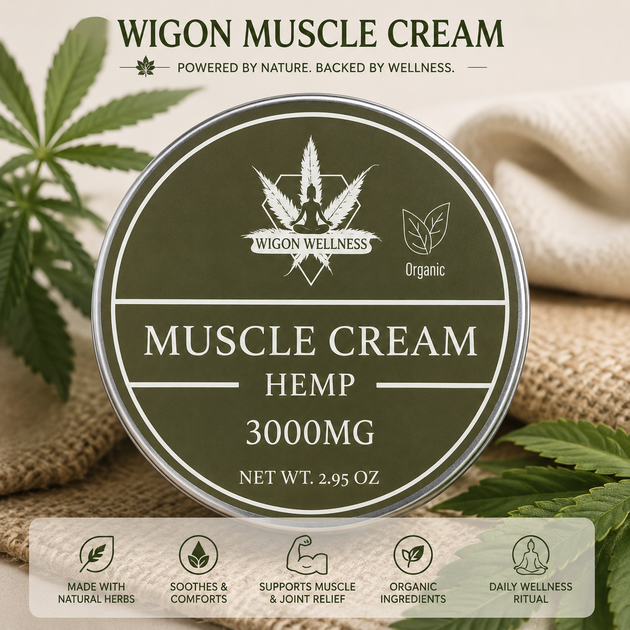 WIGON Hemp Muscle Cream 3000MG – Herbal Cooling Formula for Muscle Recovery & Comfort